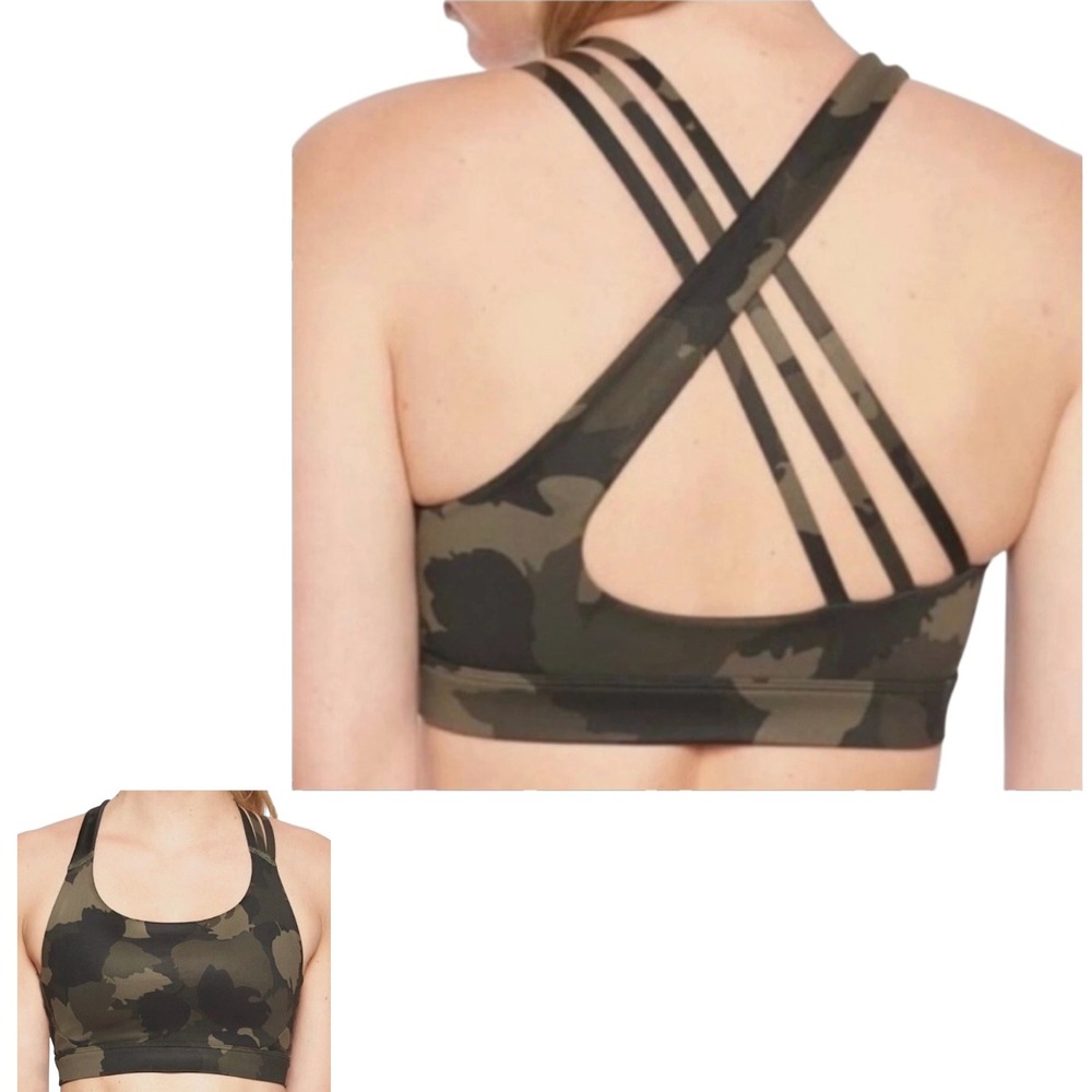 Athleta Run Free Bra, Green Camo Strappy Back Sports Bra 354081-02 Size S